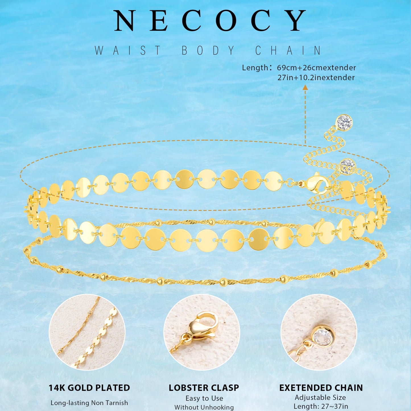 NECOCY Beaded Waist Chain for Women, Trendy 14K Gold Plated Belly Belt Beads Chain Adjustable Waterproof Sexy Layered Beach Snake Body Chain Summer Bikini Jewelry Accessories for Women
