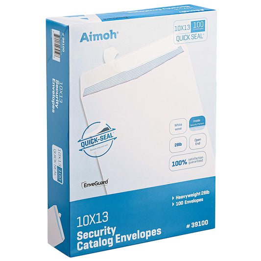 Aimoh 100 10 x 13 Self-Seal Security White Catalog Envelopes - 28lb, 100 Count, Security Tinted, Ultra Strong Quick-Seal, 10x13 inch (39100)