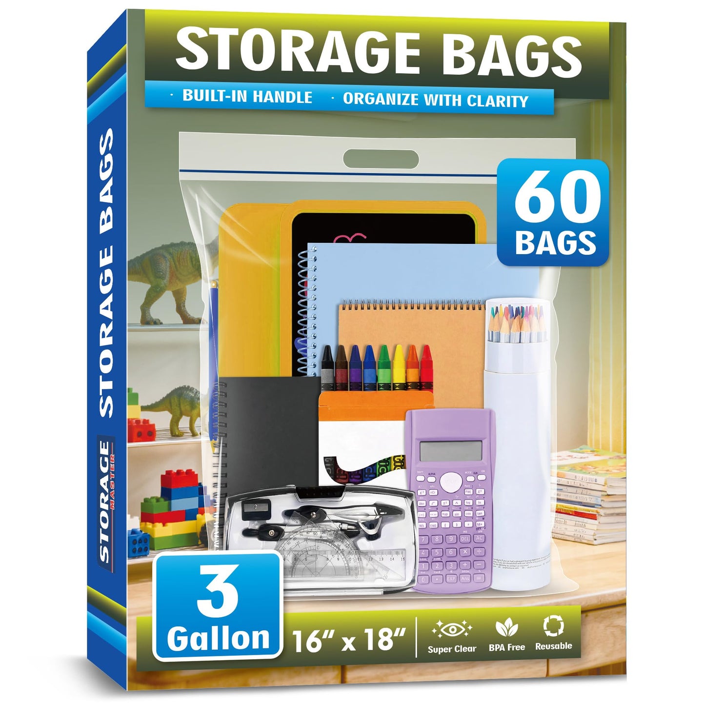 3 Gallon Extra Large Zipper Bag, 16” x 18” Clear Plastic Zip Bag with Handle for Storage, Moving Travel, 2mil Thick Resealable Lock, 60 pack