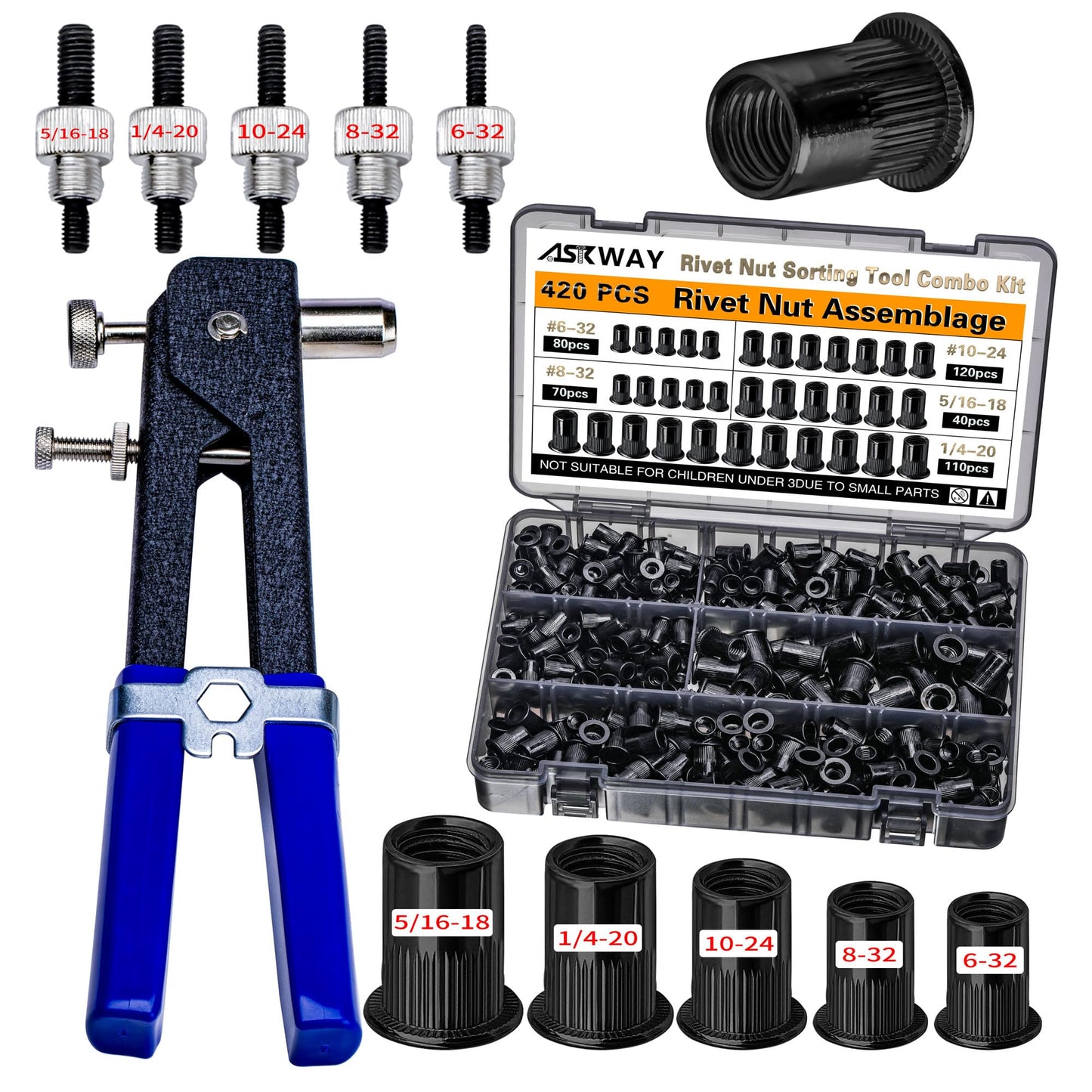 SAE Rivet Nut Tool 420pcs Imperial Carbon Steel Rivet Nut Tool Kit, （5/16-18、1/4-20、10-24、8-32、6-32）, Suitable for Furnitur, Automotive, Marine and Industrial Applications (SAE Carbon Steel Black)