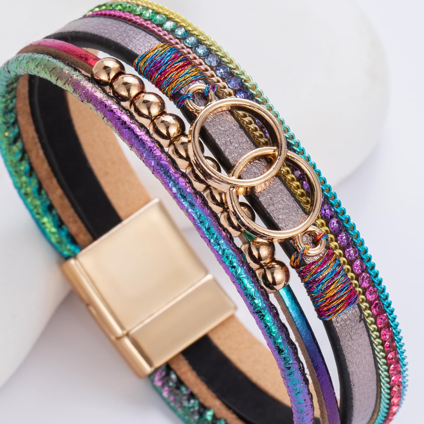 FANCY SHINY Boho Leather Wrap Bracelet Stackable Beaded Infinity Chunky Cuff Bracelets with Magnetic Clasp Western Hippie Outfits Jewelry Gifts for Women(Rainbow)