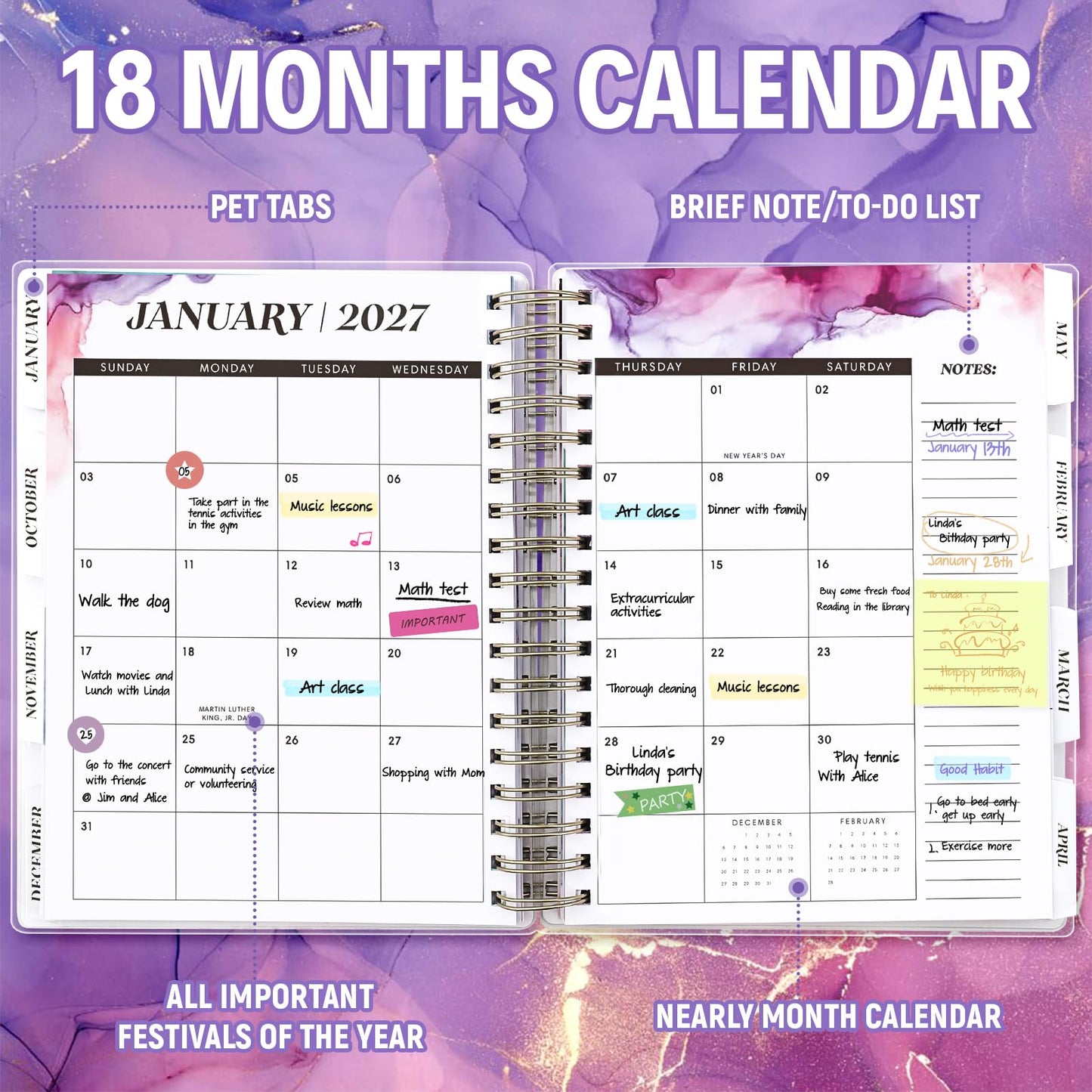 Planner 2026-2027, Large 18 Months Academic Daily Weekly Monthly Planner Yearly Agenda Jan. 2026–June. 2027, 7.9" x 9.8", Page Tabs, Separator Page, Pocket Folder, Bookmark, Stickers, Sticky Note Set
