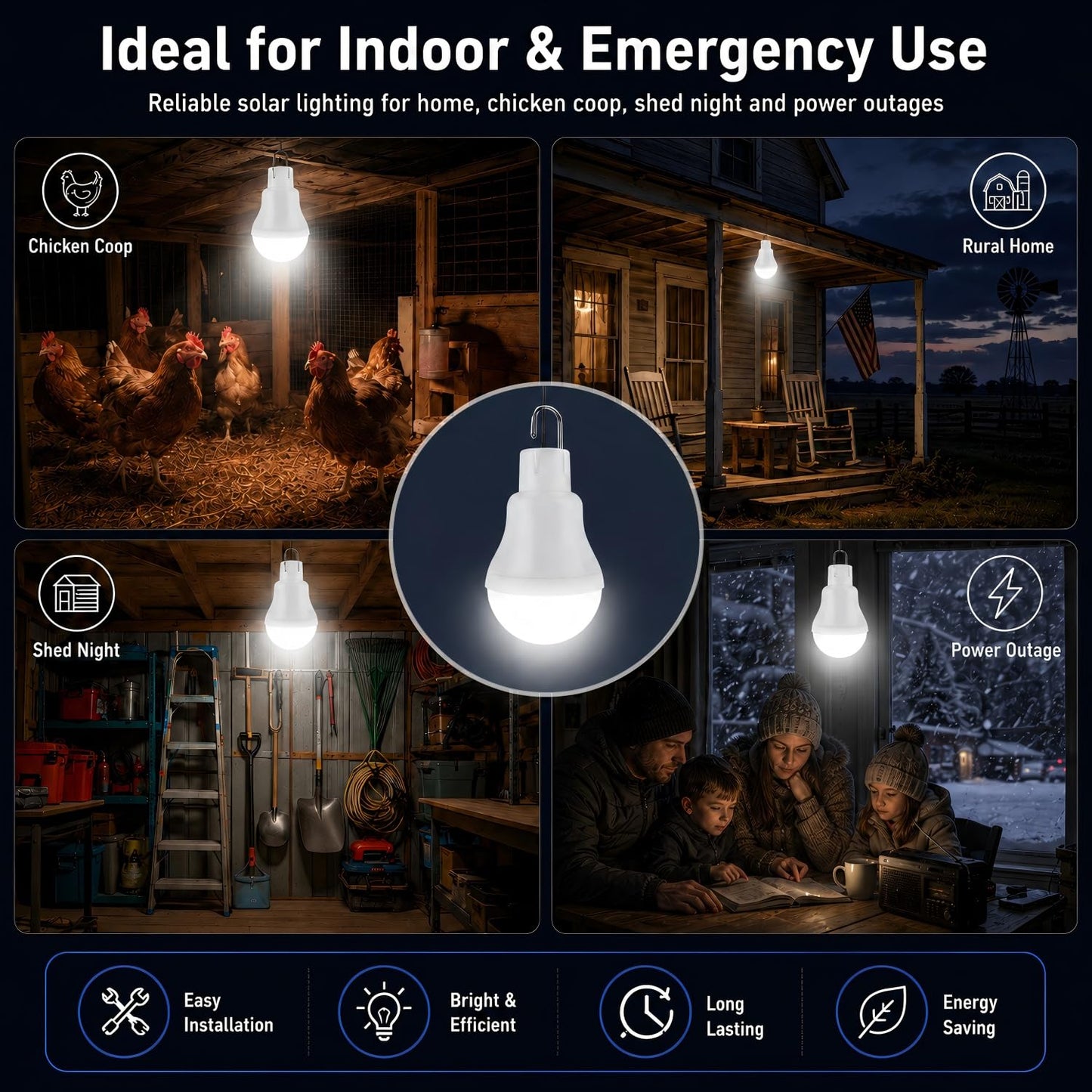 Solar Light Bulbs for Indoor Home and Chicken Coop, Outdoor Waterproof Camping Lamps for Tent, Rechargeable LED Solar Lights for Shed Night, Emergency, 2-Pack