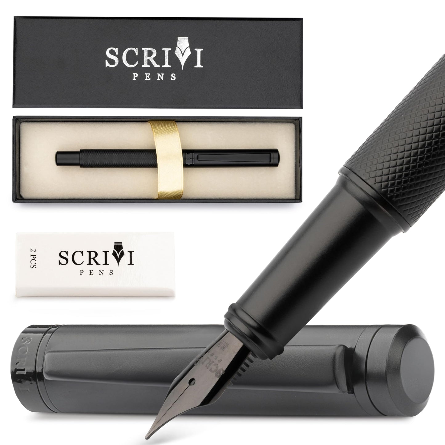 Scrivi Pens Luxury Fountain Pen Set-[Black] Fountain Pens for Writing - Smooth Extra Fine Nib - Includes Refillable Ink Converter, 5 Ink Cartridges [Black & Blue], Gift Box - Elegant Calligraphy