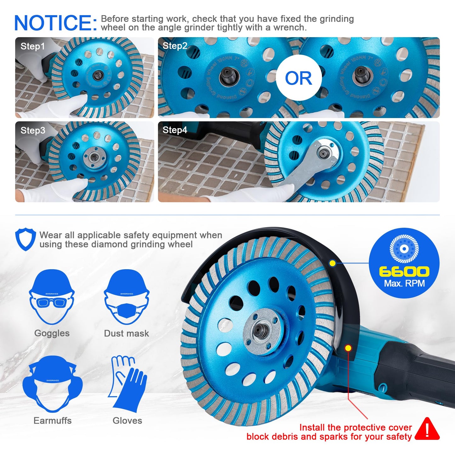 SWIGRANCE Diamond Concrete Grinding Cup Wheels 180mm 7" Turbo Row Segment, Fits 7/8" Arbor, Shaping Polishing Cleaning Concrete Masonry Marble Granite Brick