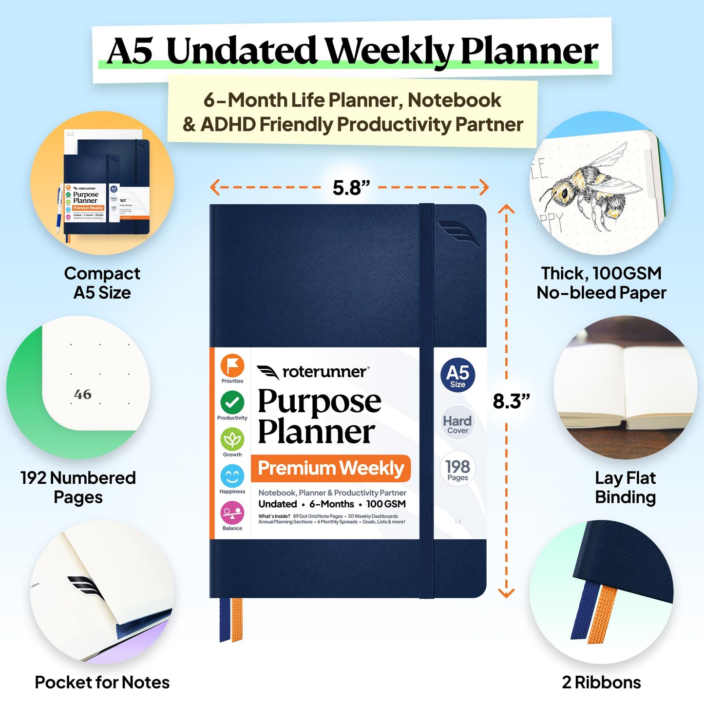 Purpose Planner Notebook A5 5.8”x8.3” Undated 2026 Daily Weekly and Monthly Productivity Goal Setting Tool for Work Home ADHD Planner for Adults Self Care Journal (Navy Hardcover)