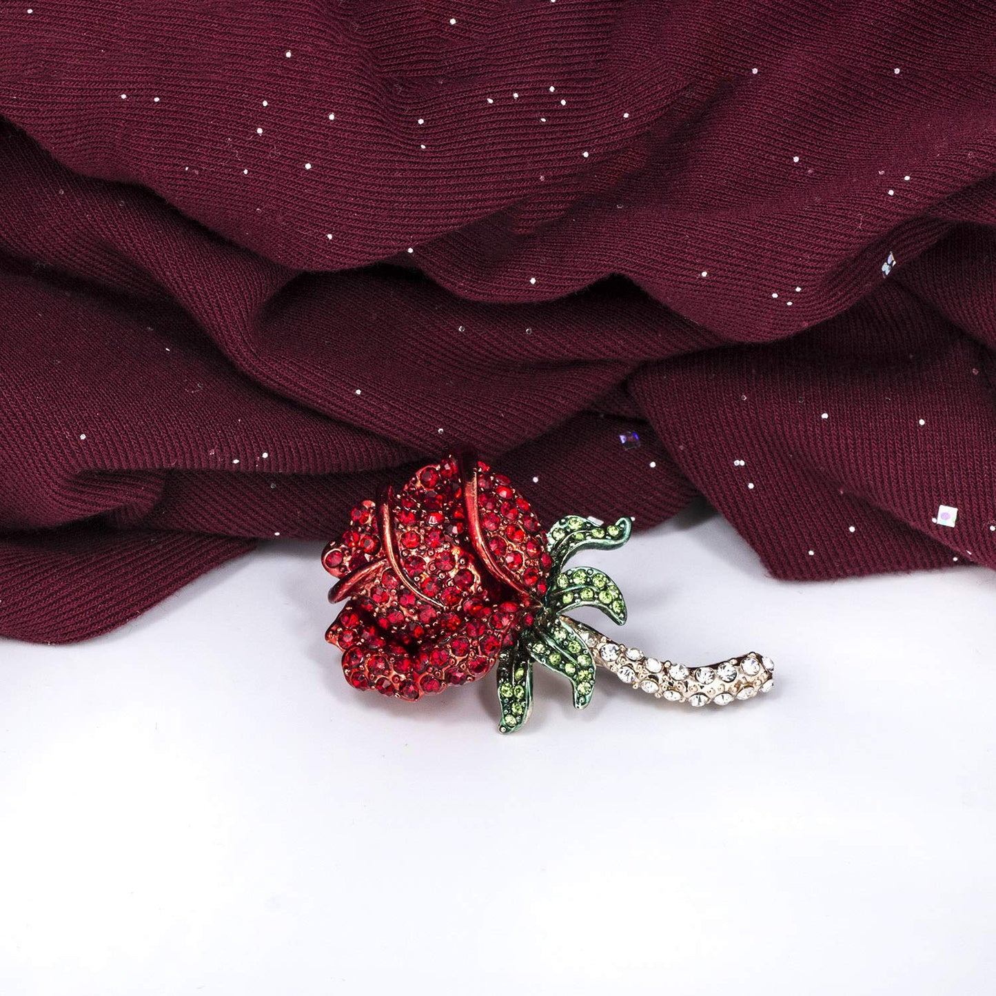 YOQUCOL Elegant Cubic Zirconia Crystal Rhinestone Red Rose Shape Brooch Pin for Women