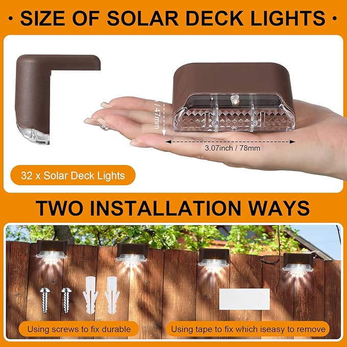 Geelin 32 Pcs Solar Deck Lights Outdoor, Waterproof LED Solar Step Fence Lights for Stairs, Step, Railing, Patio, Driveway, Garden, Pathway and Yard(Brown Shell Cool White Light)