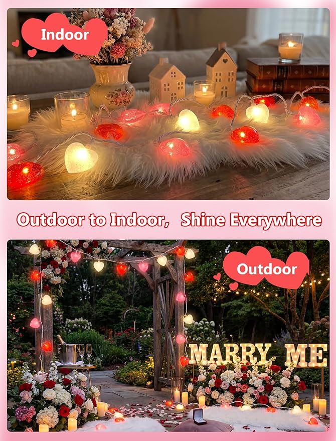 Heart String Lights Plug in, 8.5FT Valentine Lights Indoor Outdoor, Heart Shaped Glitter String Light with 10 LEDs, UL Listed, IP44 Waterproof for Valentine’s Day Decor