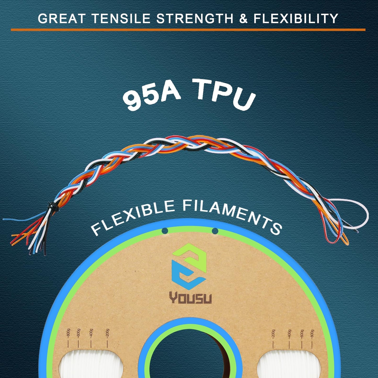 YOUSU Flexible TPU 3D Printer Filament， White TPU Filament 1.75mm 1kg, Dimensional Accuracy +/- 0.03 mm, 95A Shore Hardness and Good Layer bonding Performance.