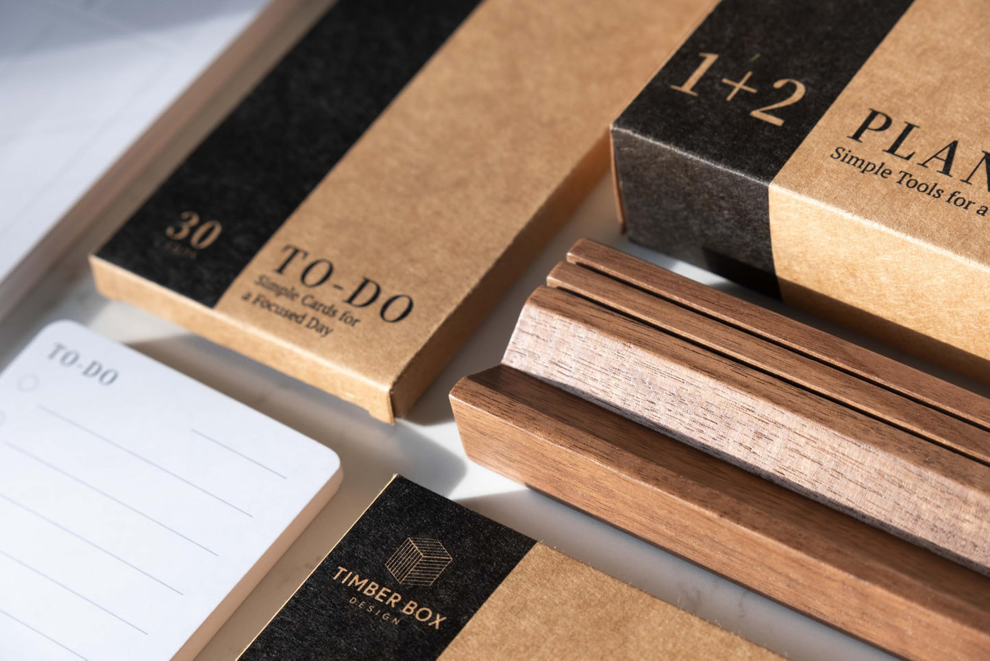 Minimalist Weekly Planner Desk Set – Solid Black Walnut Stand with Pen Tray, Double-Sided Planner & To-Do Cards (Walnut Stand and Planner Cards)