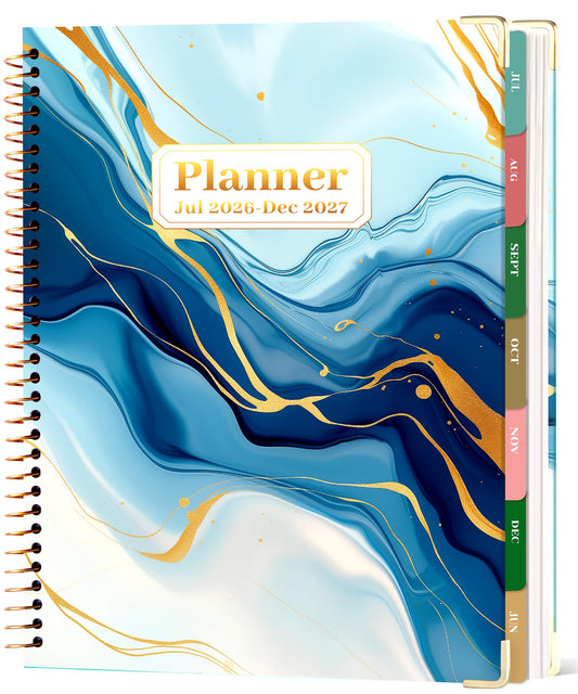 CAGIE Planner 2026-2027, 18 Month Weekly and Monthly Planner, Marble Design Calendar with Tabs, Jul 2026–Dec 2027, Large 8.5" x 11" A4 Hardcover Spiral Agenda Planner for Home, Work, School and Teacher (Blue）