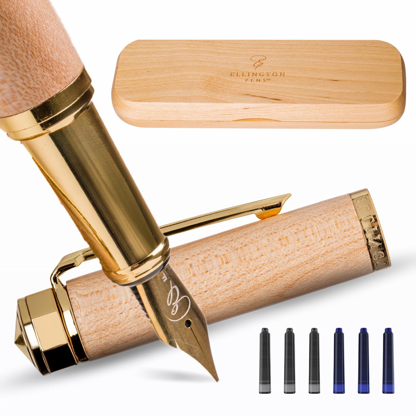 Ellington Pens Luxury Wood Fountain Pen Set – Medium Nib - Includes 6 Ink Cartridges, Wooden Pen Gift Box, Ink Converter - Wood Pen For Writing, Calligraphy, Journaling, Drawing (Maple Harmony)