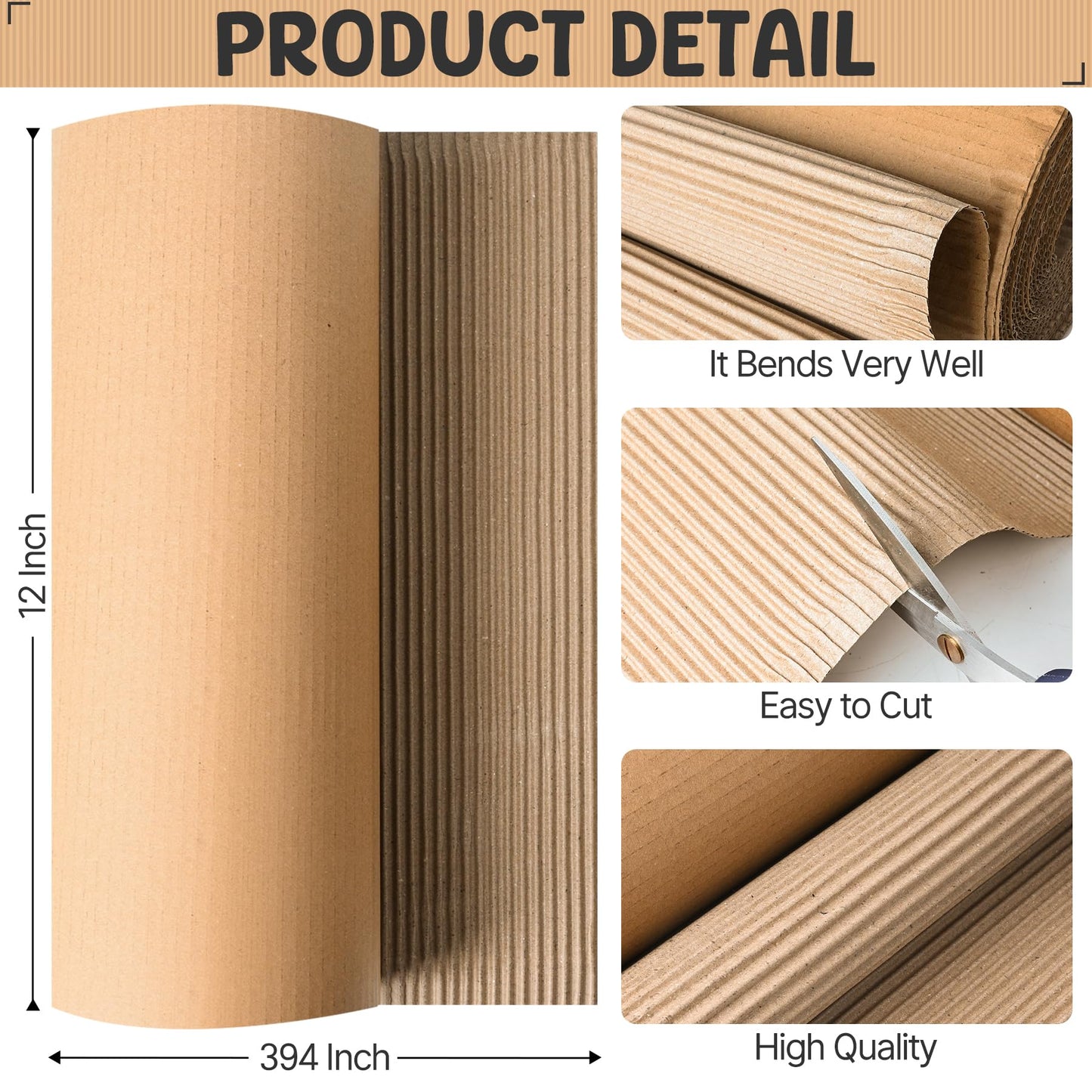 Tottist 12"x394"Single B Flute Corrugated Cardboard Roll: Large Thick Sheets for Crafts, Moving, Shipping, Mailing, Gift Packaging, DIY, Modeling; Makes Packaging Pads, Boxes & Edge Protectors (Brown)