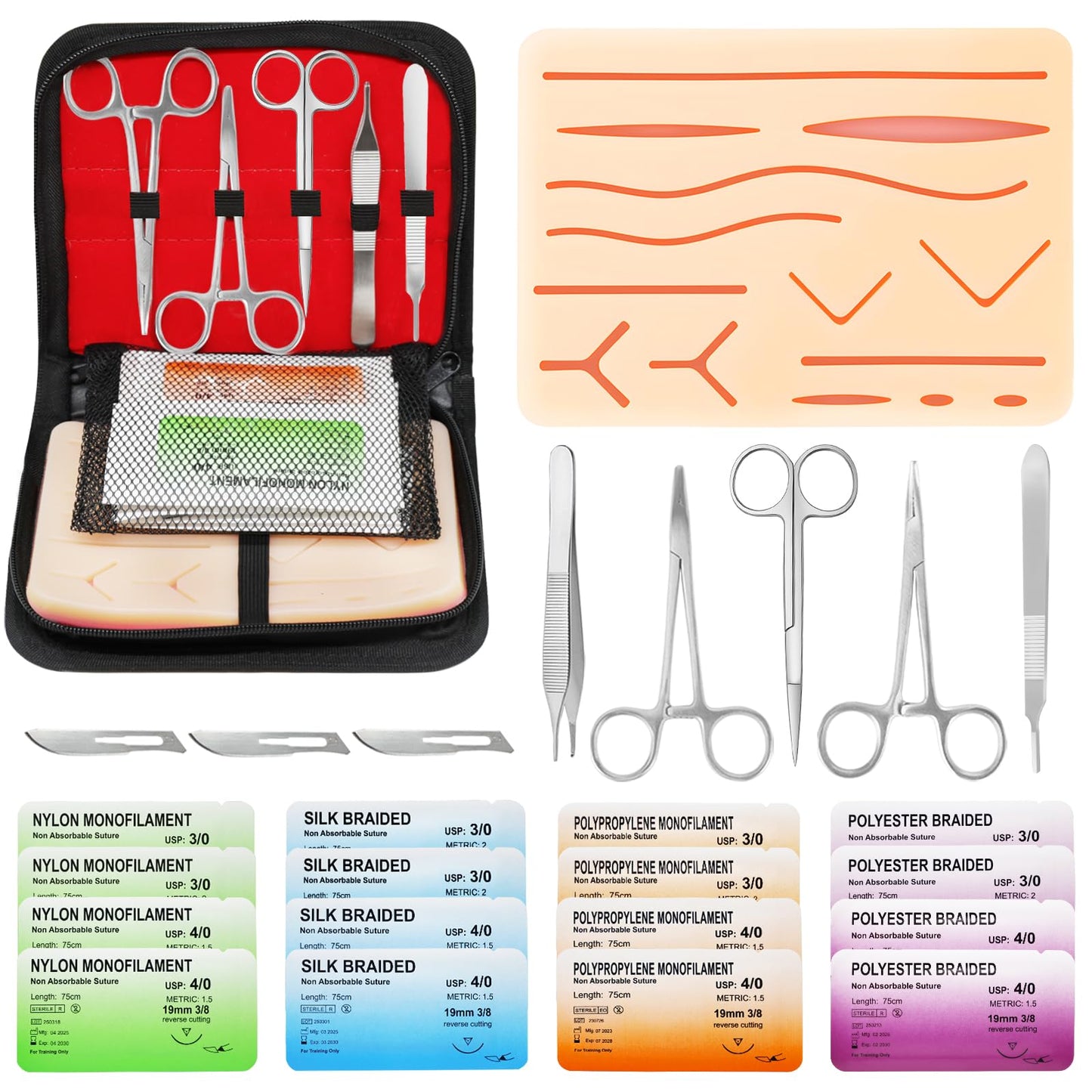 Suture Practice Kit for Medical Students - Suturing Kit Suture Pad with Pre-Cut Wounds, Suturing Threads & Tools, Wound Closure Stitches Training Kit for Med Dental Vet Students, Educational Use Only