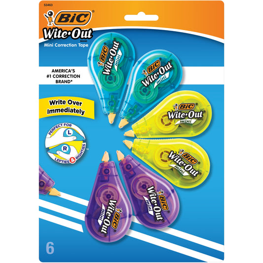 BIC Wite-Out Mini Correction Tape, White, No Dry Time, Long Lasting, 6-Count