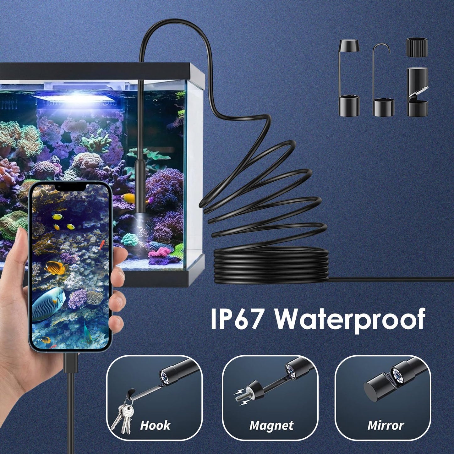 Endoscope Camera with Light, 1920P HD Borescope Camera with 8 Adjustable LED, 16.4FT Semi-Rigid Snake, IP67 Waterproof 8mm Inspection for iOS and Android (Single-Lens)