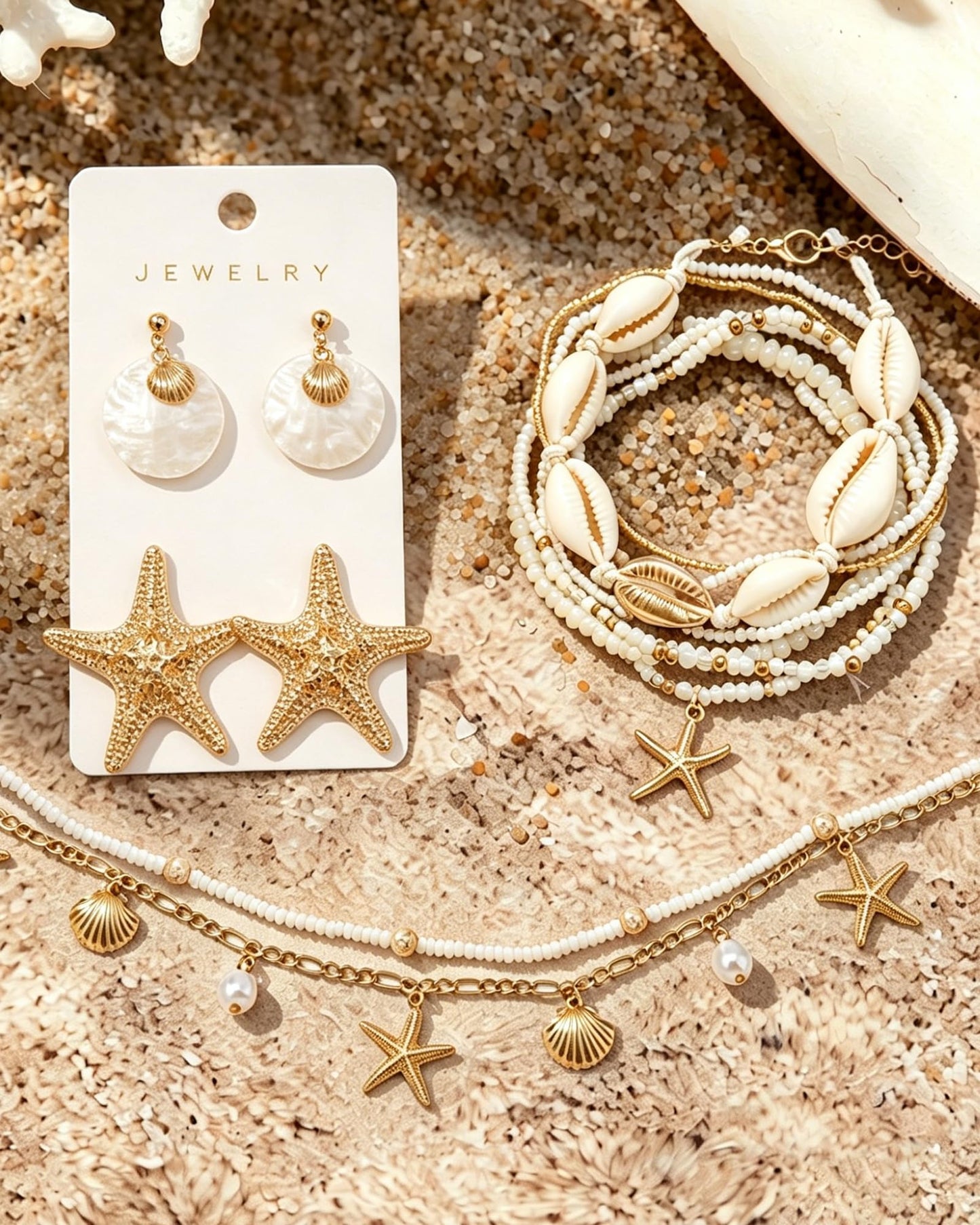Tiwindx 14 Pcs Seashell Starfish Jewelry Set for Women Stackable Anklets Bracelets Starfish Waist Chain Earrings Necklace Summer Beach Jewelry