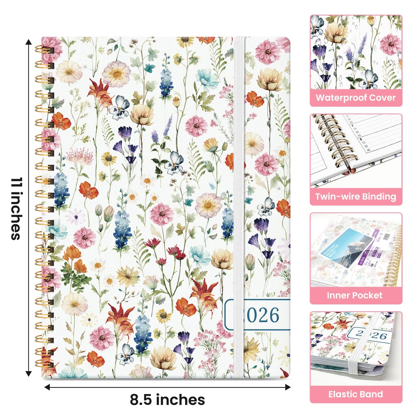 2026 Appointment Book Planner, Quarter-Hourly, Weekly & Monthly Appointment Planner (January 2026 - December 2026), 8.5"x11" Schedule Book with Flexible Cover & Tabs, Perfect for Office School Supplies - Wildflowers