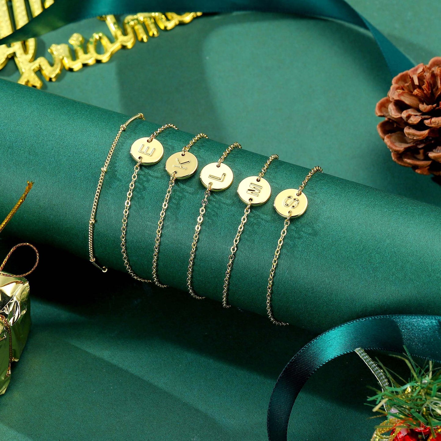 MONOZO Gold Initial Bracelets for Women, Dainty 14K-gold-plated Layered Beaded H Letter Initial Bracelet Personalized Alphabet Disc Monogram Charm Bracelet Jewelry Gifts