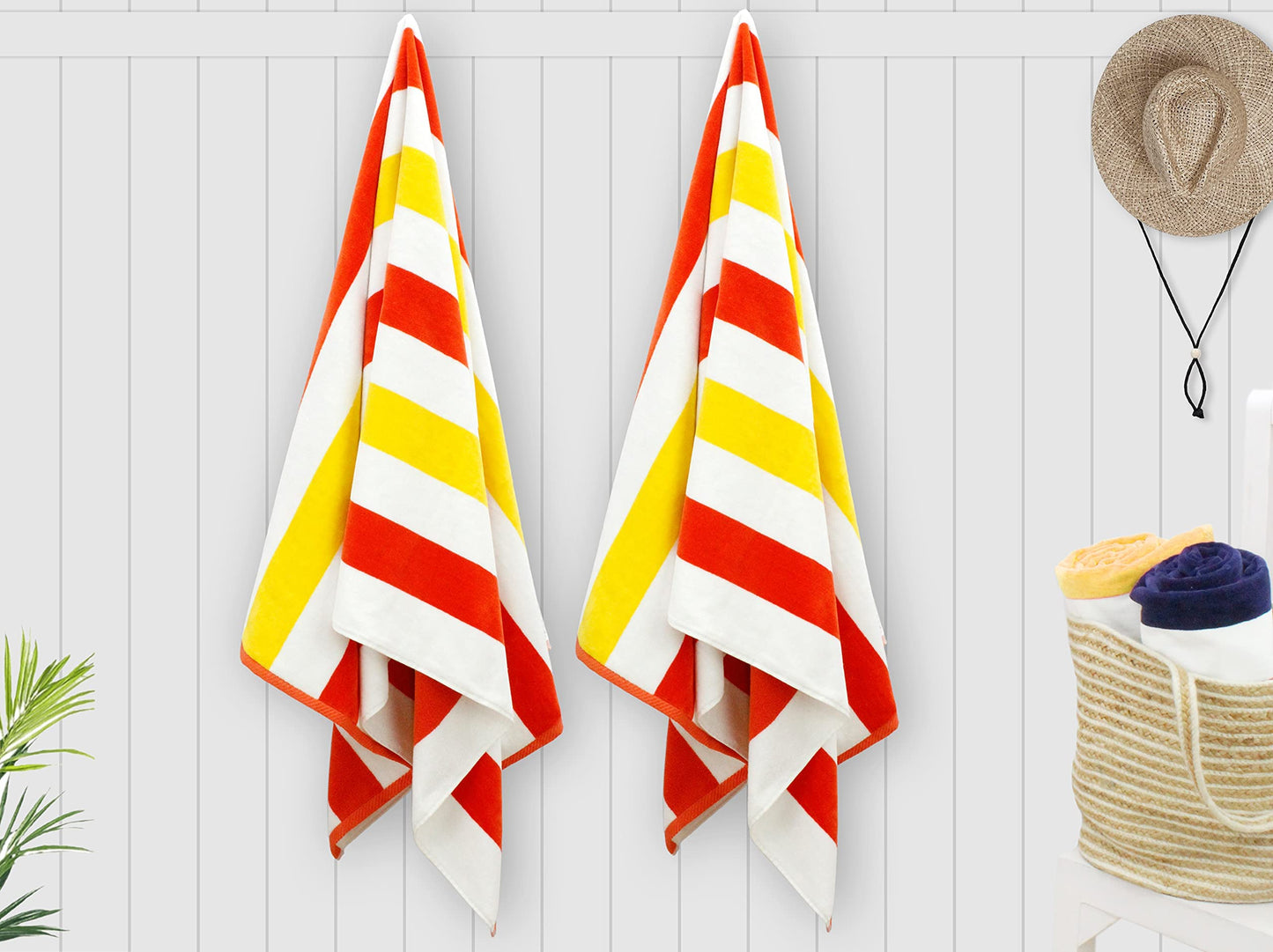 COTTON CRAFT Oversized XL Beach Towel 35 x 70-2 Pack 100% Cotton Velour - Big & Huge - Pool Picnic Bath - Double Woven Thick Extra Plush Super Soft Luxury - 630 GSM - Cabana Stripe Orange Yellow