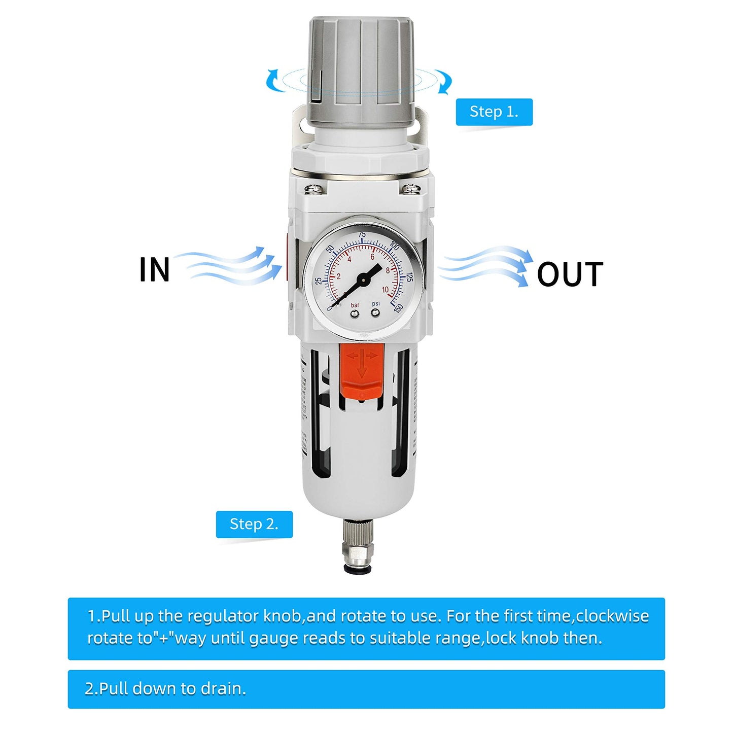 NANPU 3/4" NPT Compressed Air Filter Regulator Combo Piggyback, 5 Micron Brass Element, Poly Bowl, Semi-Auto Drain, Metal Bracket, 0-150 psi Gauge