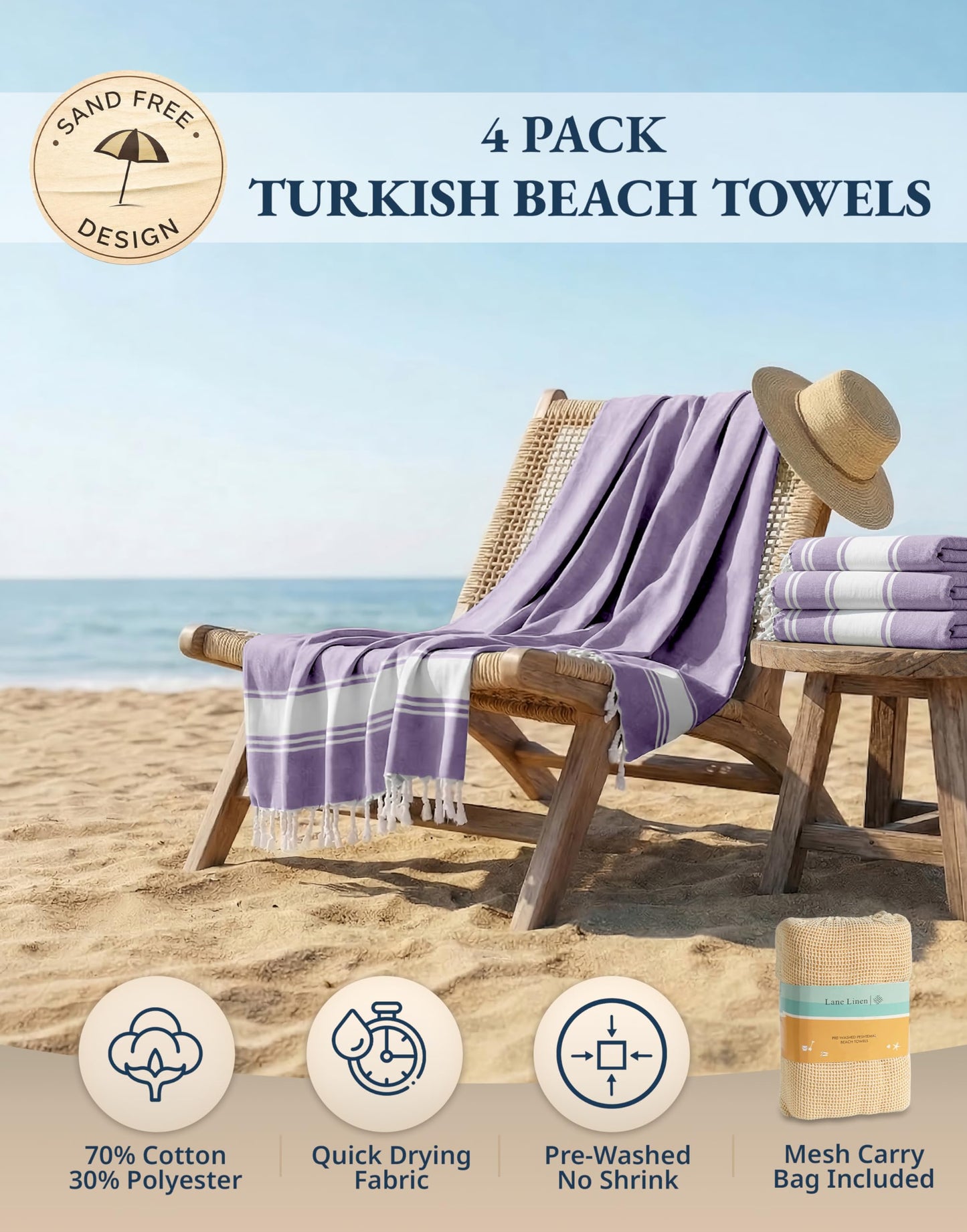 LANE LINEN Beach Towels 4 Pack Oversized - Turkish Towel Set, Pre-Washed Oversized Beach Towel, Quick Dry Beach Towels for Travel, Beach Towel Large, 39"x71" - Regal Orchid