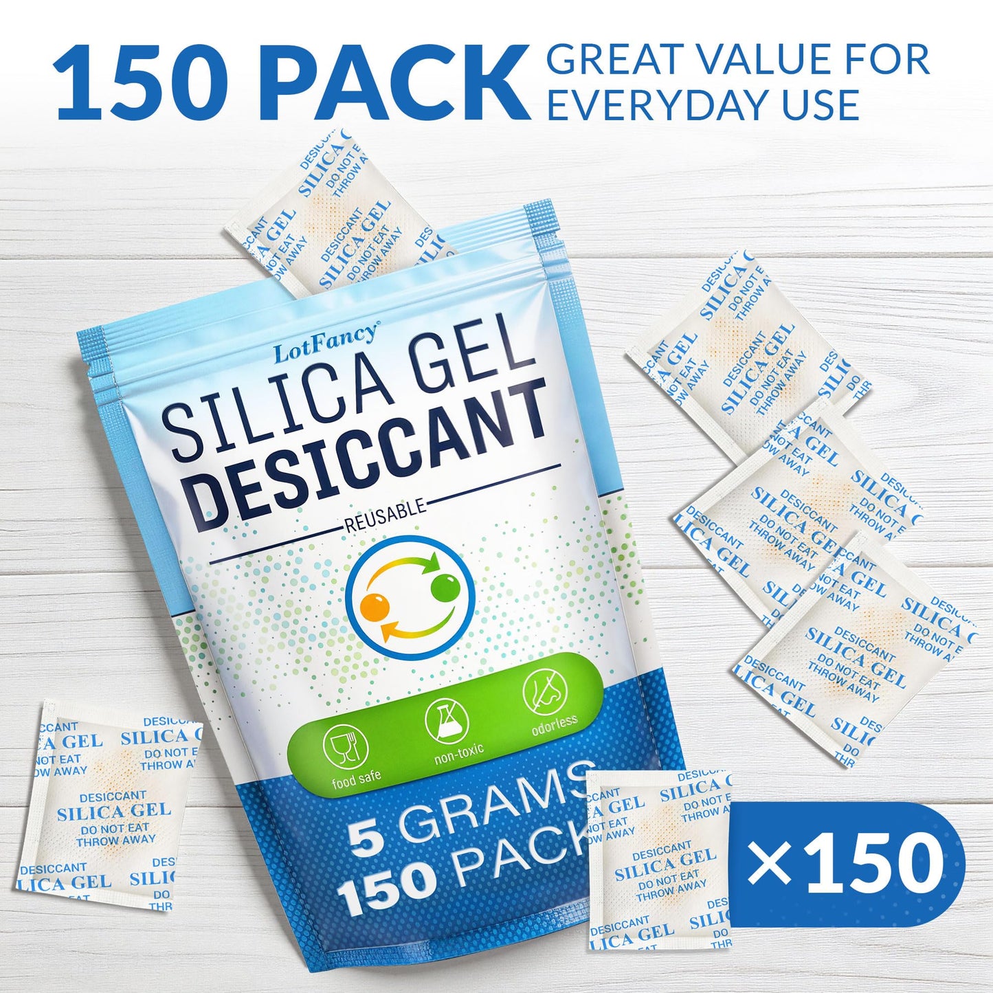 Silica Gel Packets 5 Gram 150 Pack, Color-Indicating Rechargeable Desiccant Packs Moisture Absorber for Food Storage, Electronics, Camera Lens, Toolboxes, 3D Printer Filament & Safes