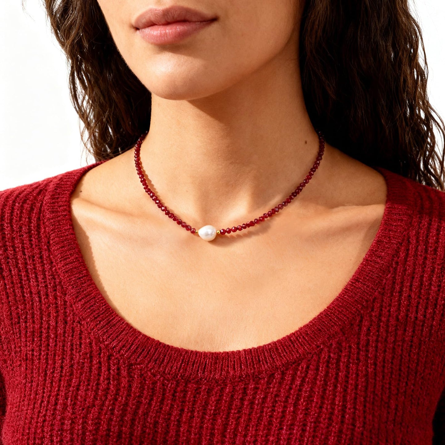 GEMTAL Pearl Necklaces for Women Dainty Single Pearl Necklace Natural Freshwater Pearl Choker Garnet Beaded Necklaces Adjustable Chain Red Bead Necklace Valentines Jewelry Gift