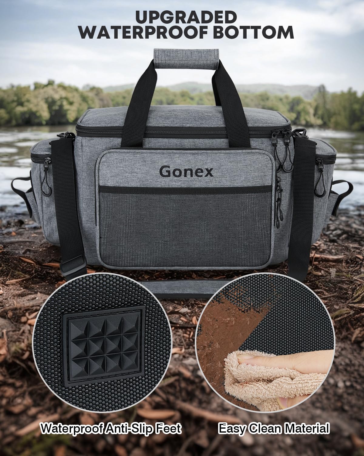 Gonex Fishing Tackle Bags for Saltwater & Freshwater, Fishing Gear Storage Bag with Water Resistant Bottom Suitable for 3600 3700 Size Tackle Box (Grey)