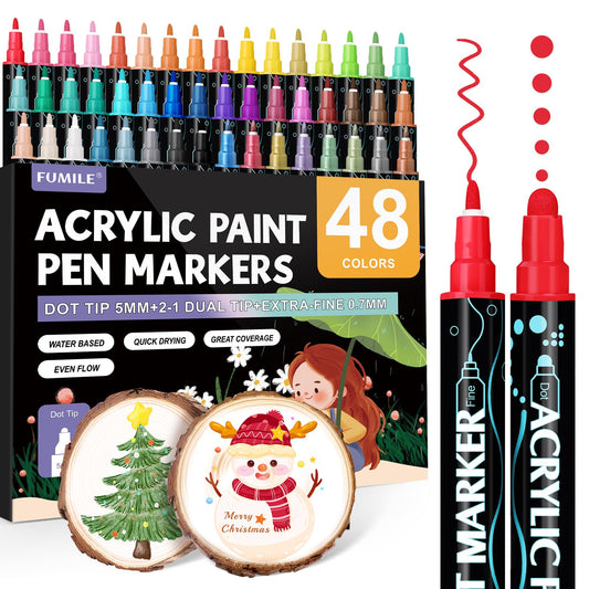 FUMILE 48 Colors Acrylic Paint Marker Dual Tip(Fine and Dot Tip), Paint Pens Acrylic Markers for Wood, Rock, Plastic, Glass, Ceramic, Canvas.Acrylic Markers Set for DIY Christmas Card and Art