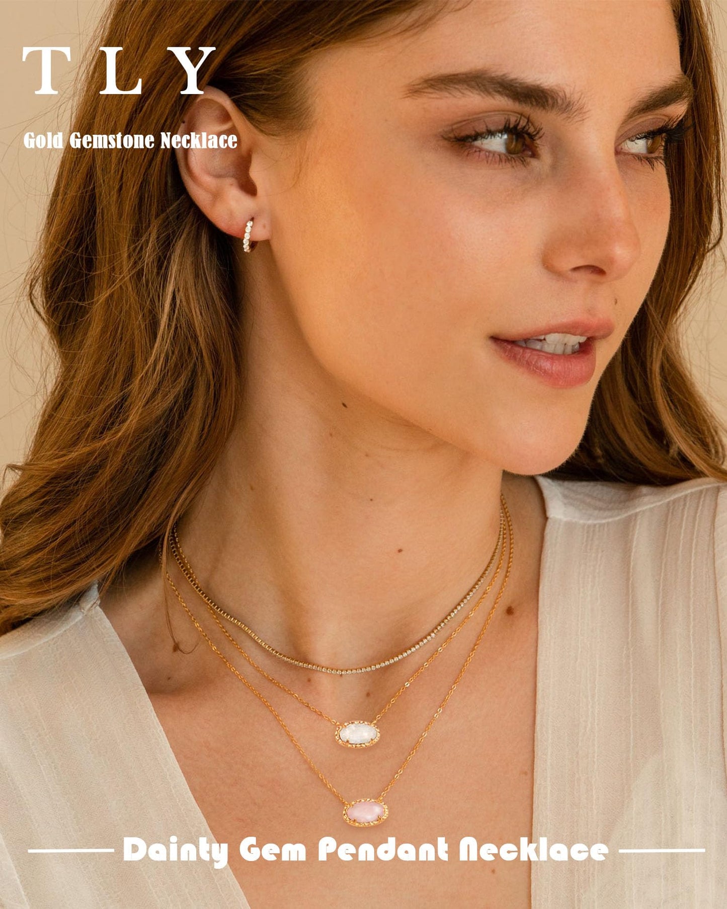 TLY Gold Necklace for Women 14k Gold Plated Dainty Oval Pendant Necklace Red Rose Quartz Druzy Stone Black Emerald Green Blue Choker Necklace Birthday Wedding Bridesmaid Prom Jewelry Gifts for Mom
