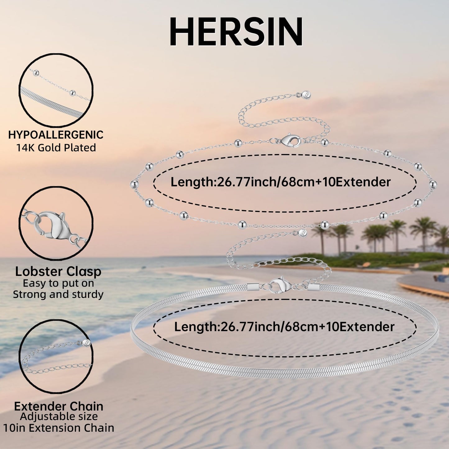 HERSIN Waist Chain for Women, Silver Plated Layered Belly Belt Chains Beach Waist Beads Chain Waterproof Herringbone Snake Body Chain Summer Jewelry Accessories for Women