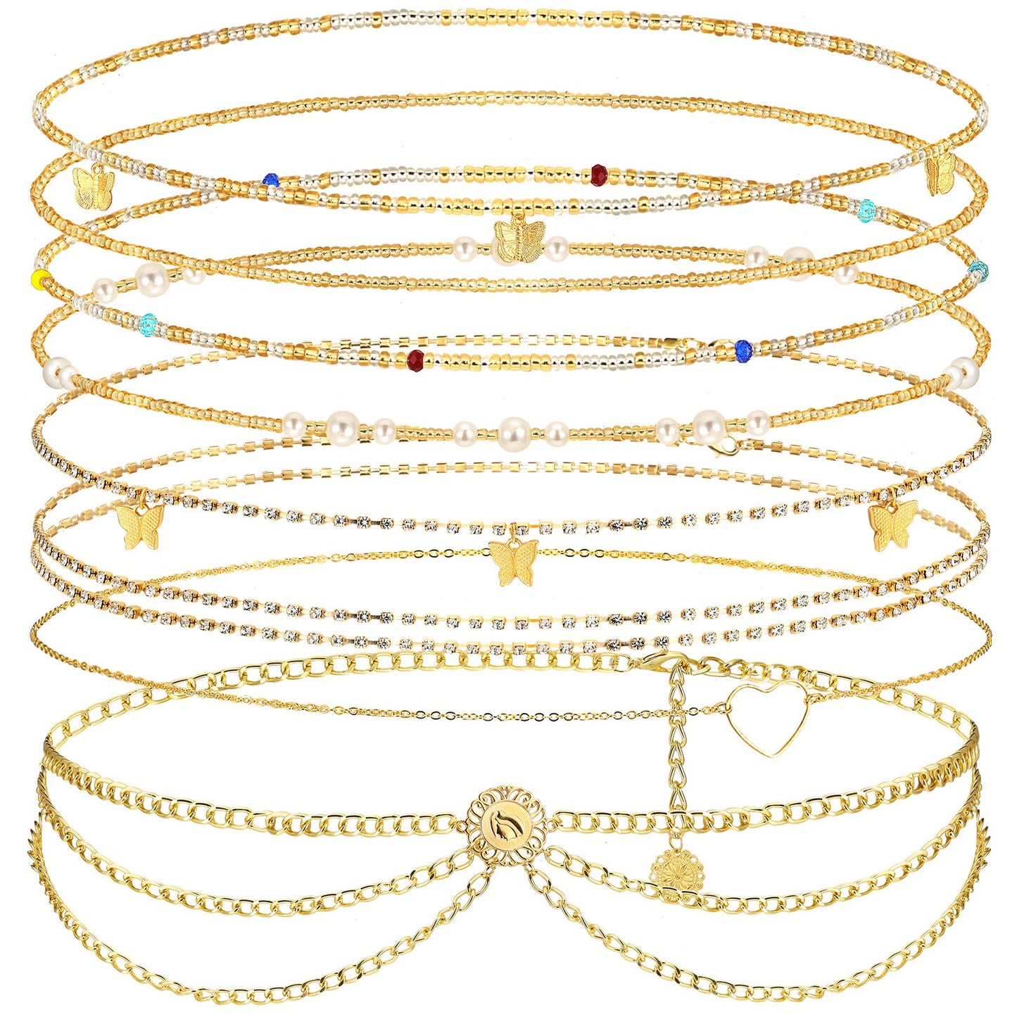 JenPen 8 Pcs Belly Chain Adjustable Waist Chain Summer Beach Bikini Waist Body Beads for Women Adults Multilayer(Elegant Style)
