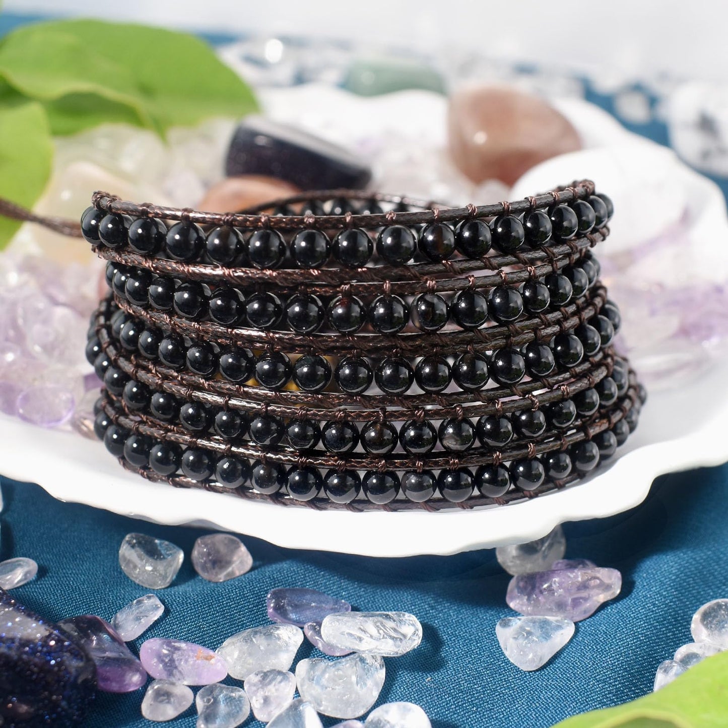 Ayriwoyi Black Onyx Bracelet Beaded Wrap Bracelets for Women Men Natural Stone Agate Bracelet Leather Wrap Adjustable Boho Bracelets
