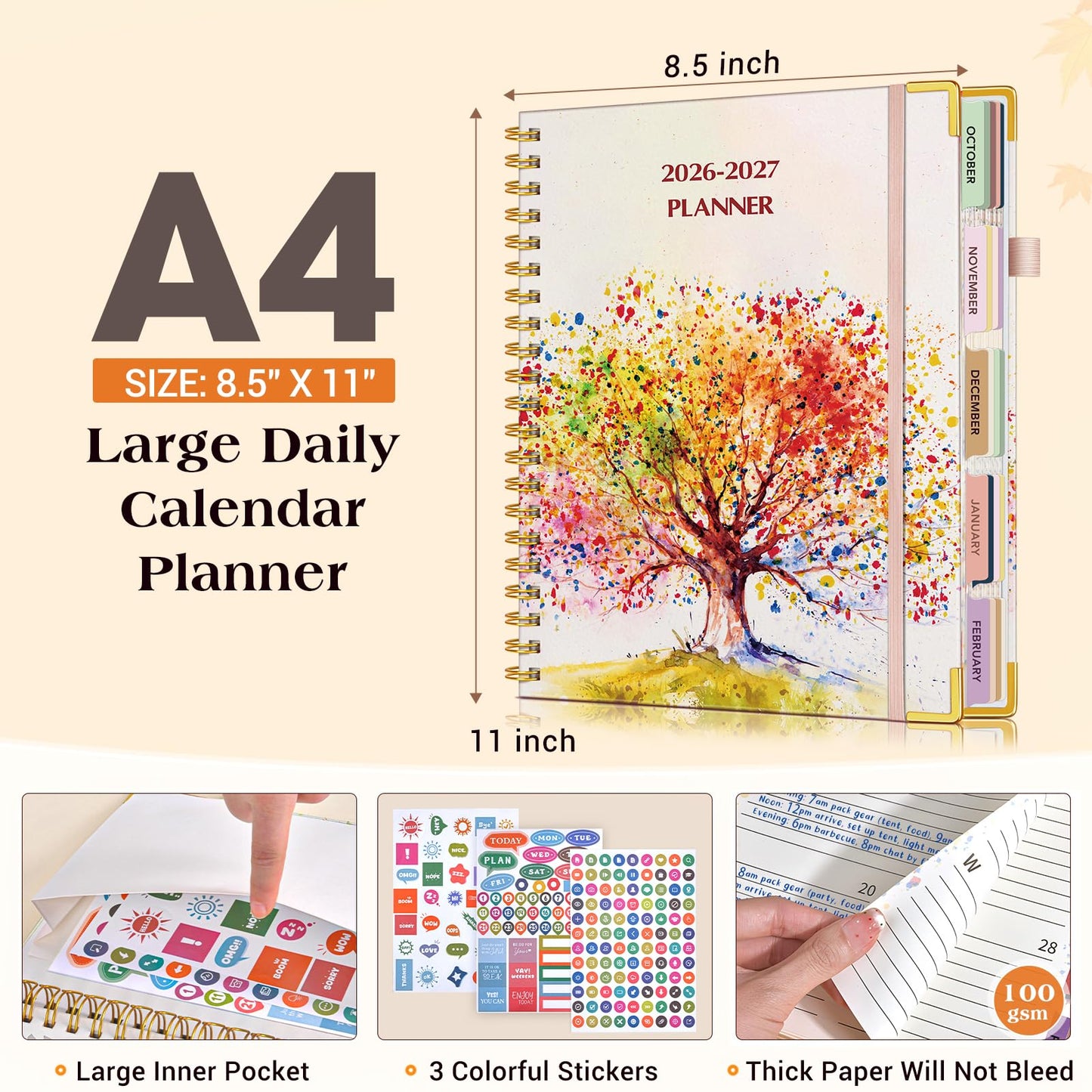 Planner 2026-2027, 18 Months Weekly and Monthly Daily Planner from January 2026 - June 2027, 8.5" x 11" A4 Large Hardcover Agenda Organizer Book 2026 with Tabs, Spiral Yearly Calendar Planners for School Work Home, Autumn Tree