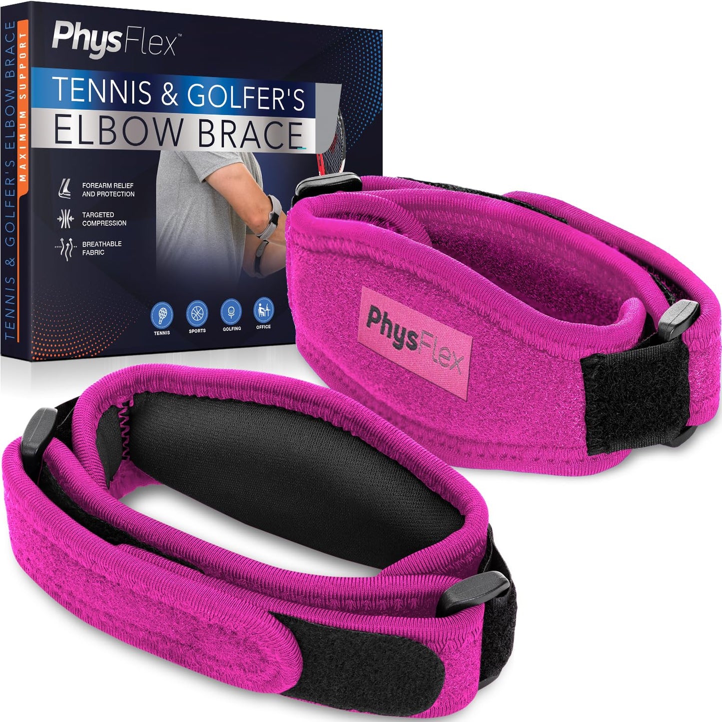 PhysFlex 2-Pack Elbow Brace for Men & Women, Adjustable Tennis & Golfer's Elbow Support Strap for Tendonitis Pain Relief - Compression Pad for Arm, Forearm, Tendon Pain Relief (Pink)