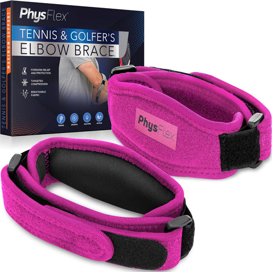 PhysFlex 2-Pack Elbow Brace for Men & Women, Adjustable Tennis & Golfer's Elbow Support Strap for Tendonitis Pain Relief - Compression Pad for Arm, Forearm, Tendon Pain Relief (Pink)