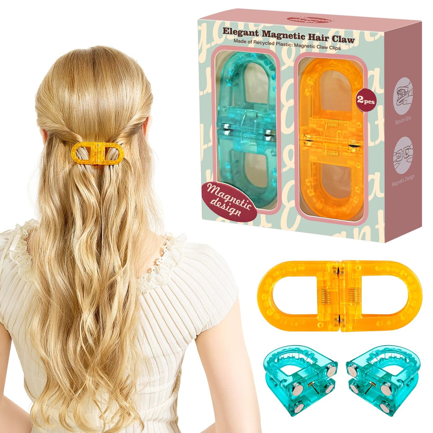 RCZETC Magnetic Hair Clips 2-Pack | Hair Clips for Styling & Thick Hair | Claw Clips & Barrettes for Women | Strong Hold Non-Slip No-Crease Hair Barrettes（Blue + Orange）