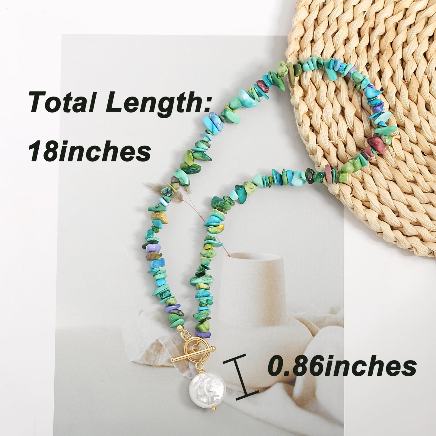 POTESSA Chunky Turquoise Necklace with Baroque Pearl Pendant, Stylish Turquoise Statement Necklace for Women, Summer Jewelry