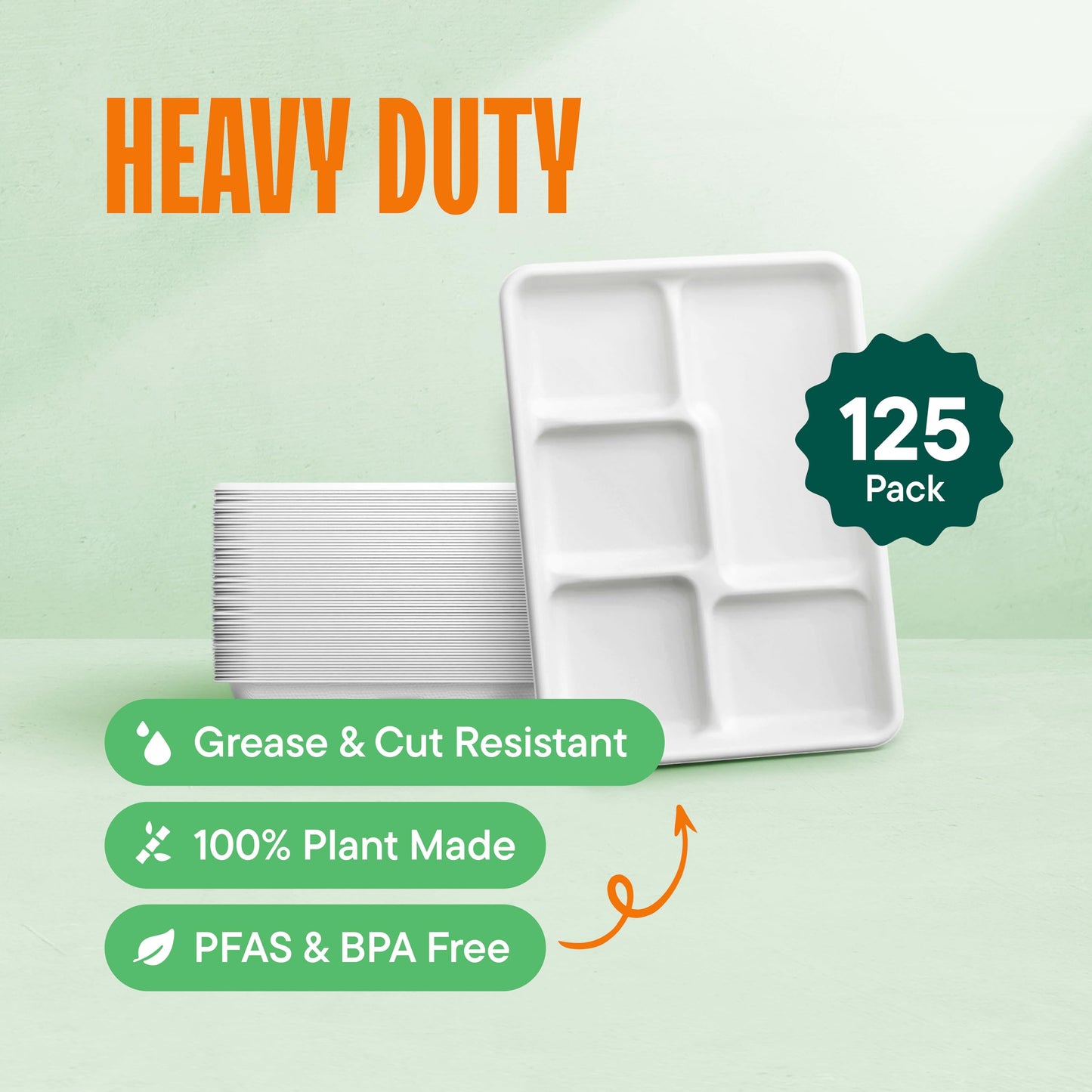 100% Compostable Paper Plate 125-Pack 5-Compartment Bagasse School Lunch Tray, Heavy Duty Quality Disposable Tray, Eco-Friendly Made of Sugar Cane Fibers