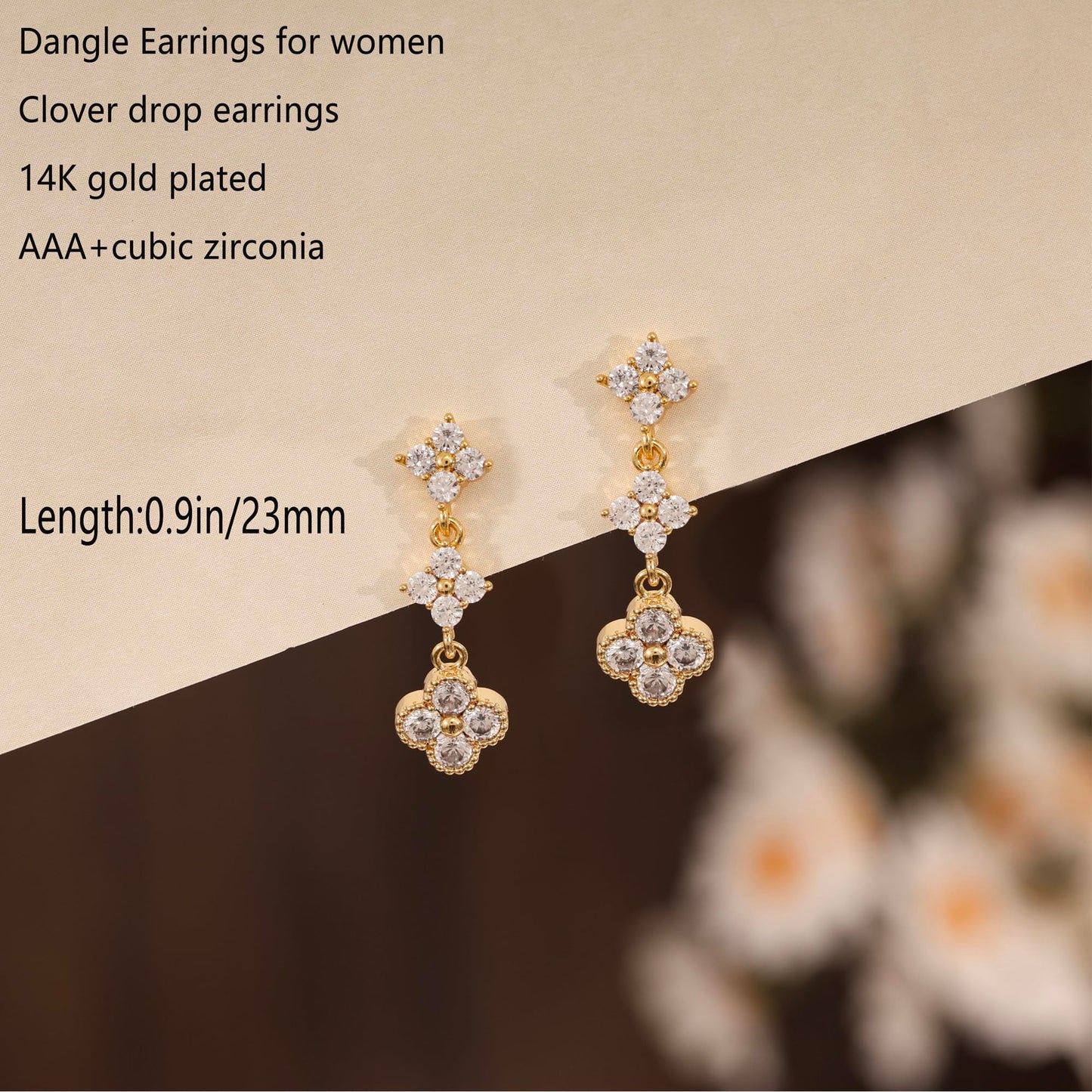 Voduim Dangle Earrings for Women, Dainty Wedding Earrings 14k Gold Plated Clover Drop Earrings for Women Trendy Cute Gold Earrings Long Dangling Rhinestone Earrings Unique Prom Jewelry for Women