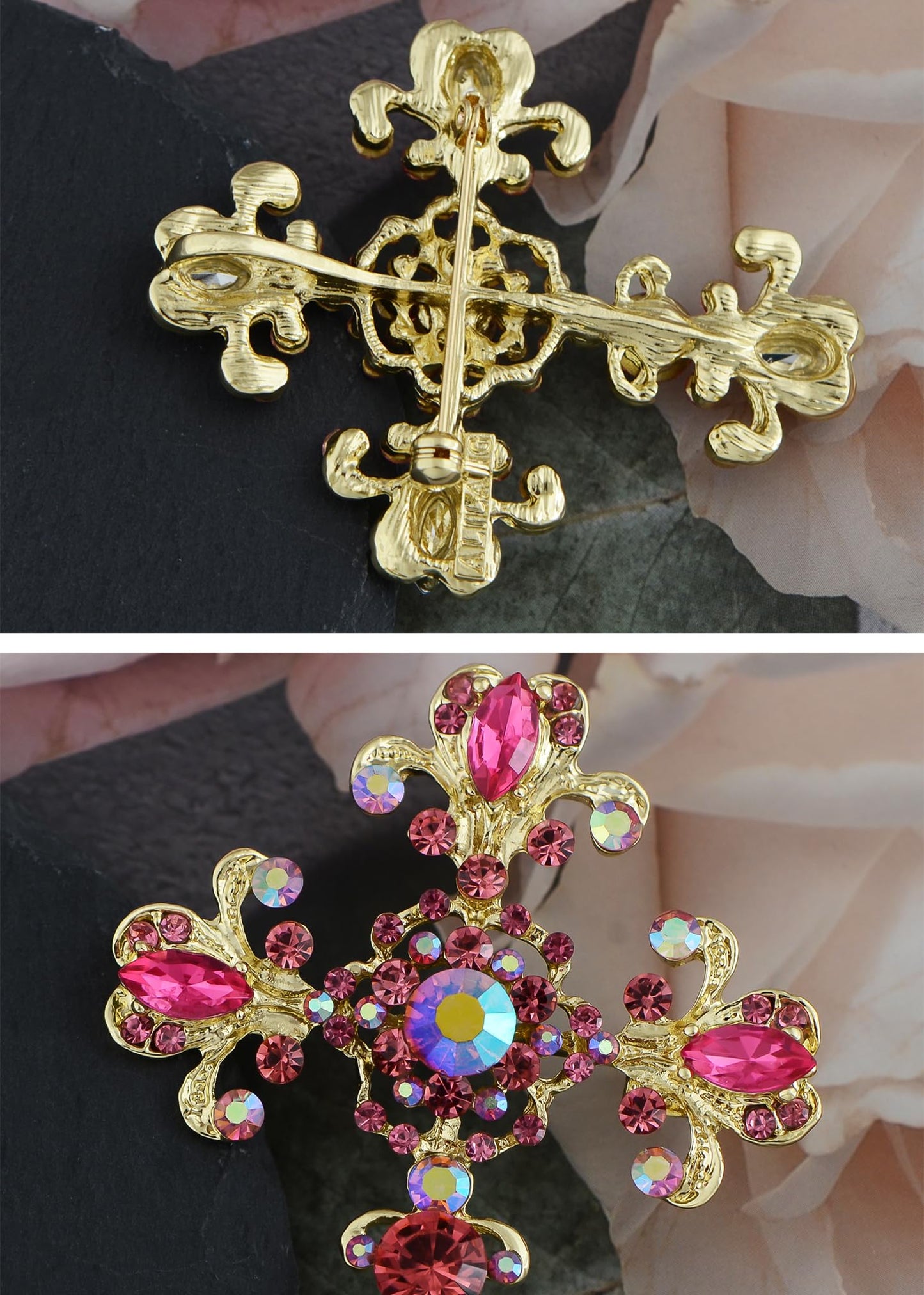 Alilang Roman Catholic Victorian Religion Christian Holy Cross Pink Rhinestones Pin Brooch With Pendant Loop, Pink/Gold