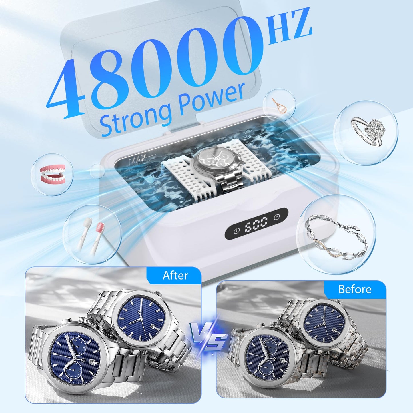 Klivvio Ultrasonic Jewelry Cleaner: 48Khz Ring Cleaner Ultrasonic Machine with Digital Timer, 4 Cleaning Modes, 24W Sonic Cleaner for Jewelry, Glasses, Retainer, Watch Strap, Home & Travel Use, 13.5oz