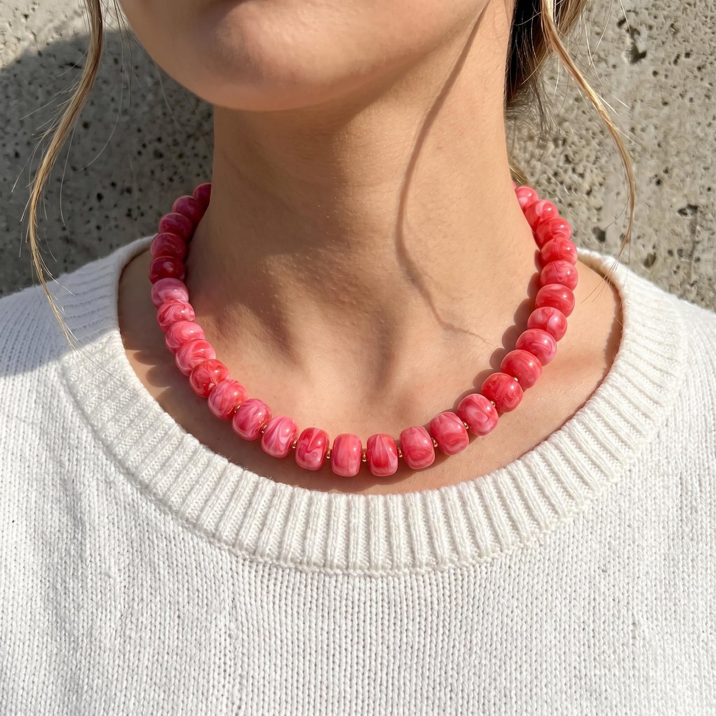 Badu Rose Pink Chunky Beaded Necklace for Women Boho Bead Choker Necklace Summer Fashion Trendy Jewelry Gift