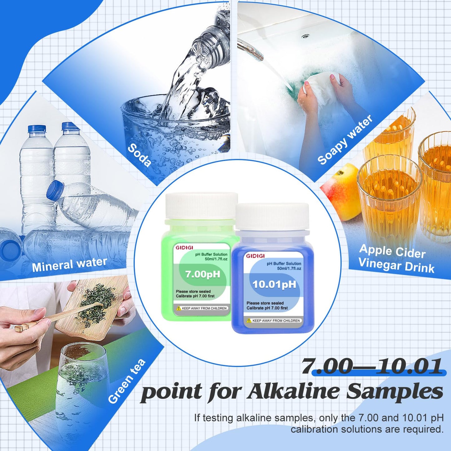 GIDIGI pH Meter Calibration Solution Kit, pH Buffer Solution 4,7,10 50ml*6 and KCL pH Probe Storage Solution 50ml*2, pH Pen Storage Solution for Accurate Calibration of All pH Testers