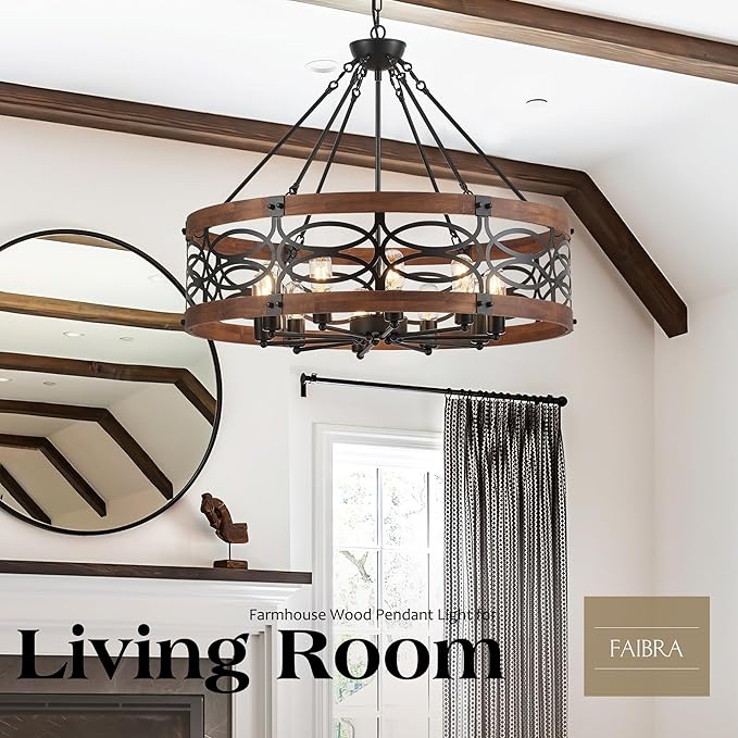 10-Light Farmhouse Drum Wood Pendant Light,32.24'' Vintage Rustic Brown Oak Wood Chandeliers,Retro Industrial Hanging Light Fixtures for Dining Room Entryway, Bedroom