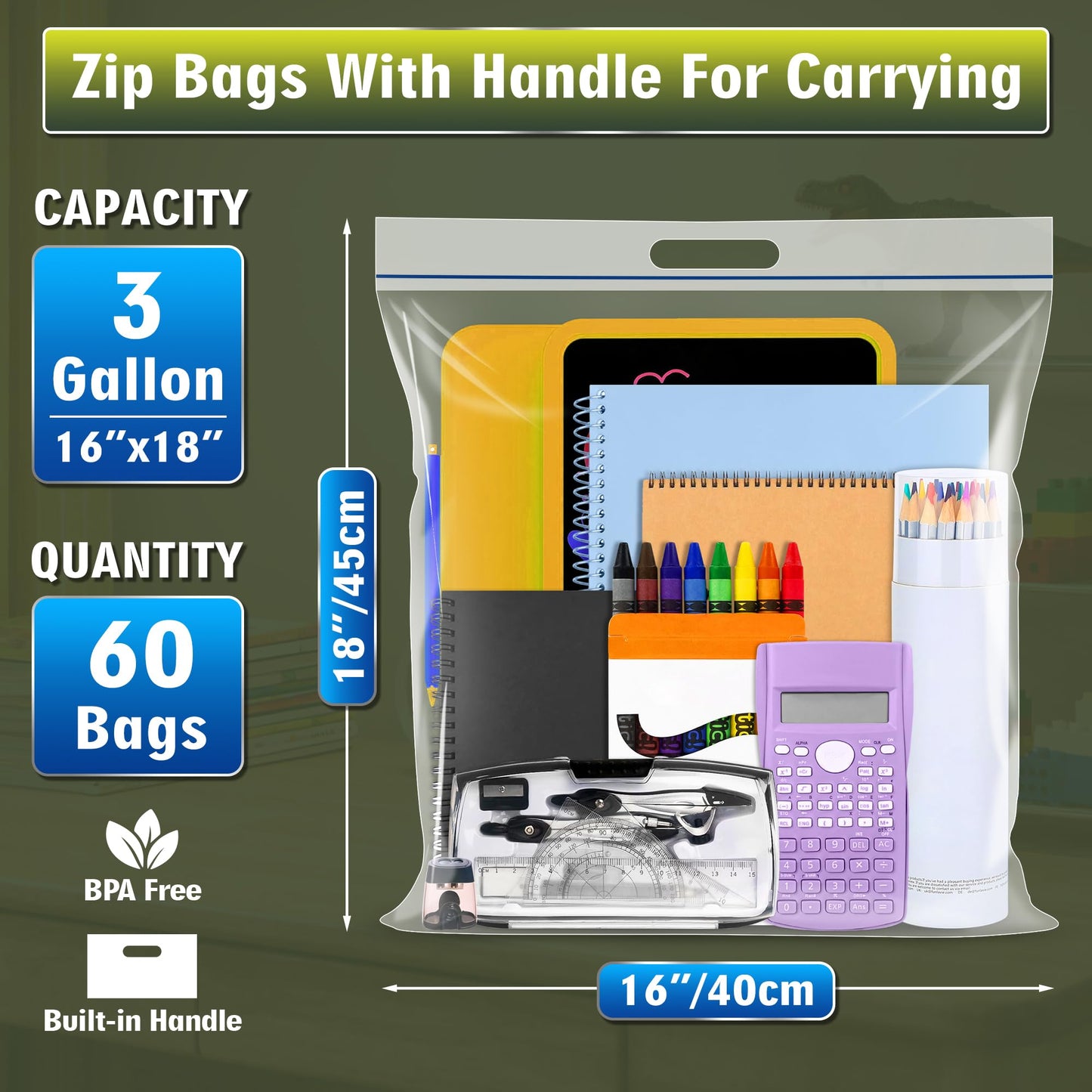 3 Gallon Extra Large Zipper Bag, 16” x 18” Clear Plastic Zip Bag with Handle for Storage, Moving Travel, 2mil Thick Resealable Lock, 60 pack