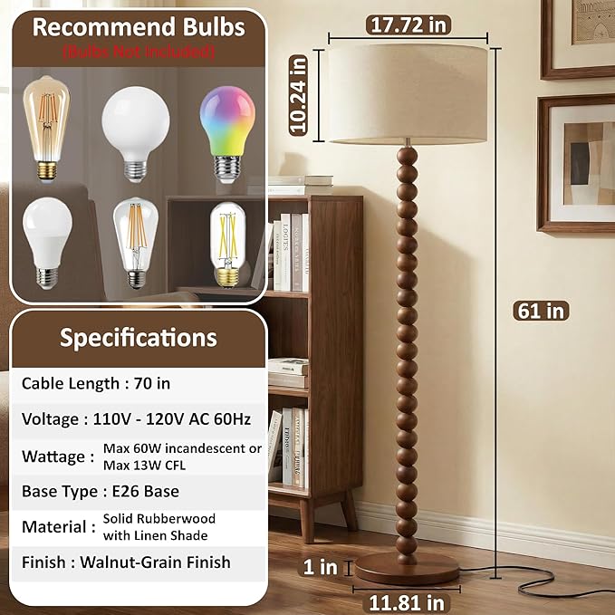 Buruis 61" Beaded Wood Floor Lamp with 17.2" Large Linen Shade, UL Listed, Retro Mid-Century Accent Walnut Finish Standing Lamp for Living Room, Bedroom, Office, Corner, Beige