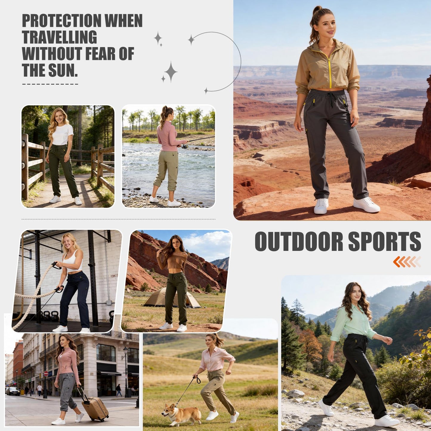 Womens Hiking Pants Quick Dry UPF 50 Lightweight Travel Golf Cargo Safari Pants Zipper Pockets,6608,Khaki,Petite L